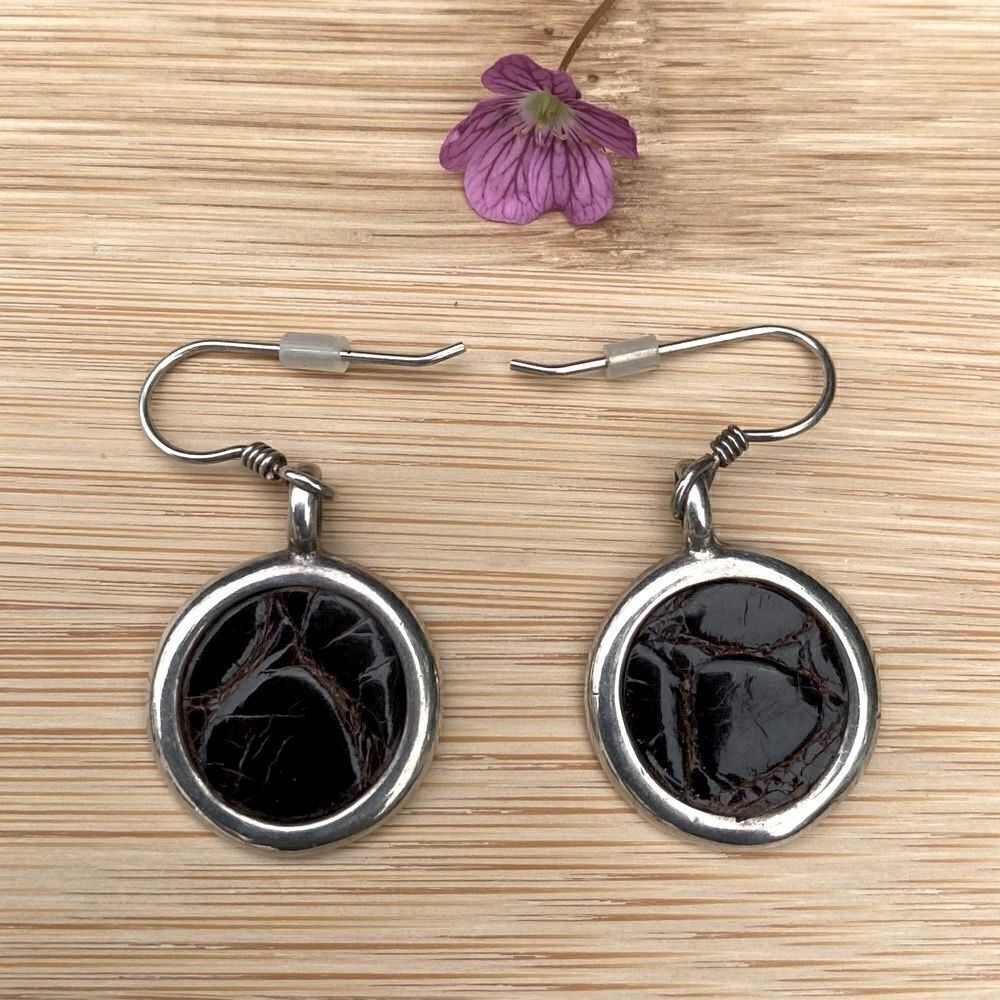 LaBelle Women's Alligator/Croc Leather Sterling Silver Round Earrings EUC